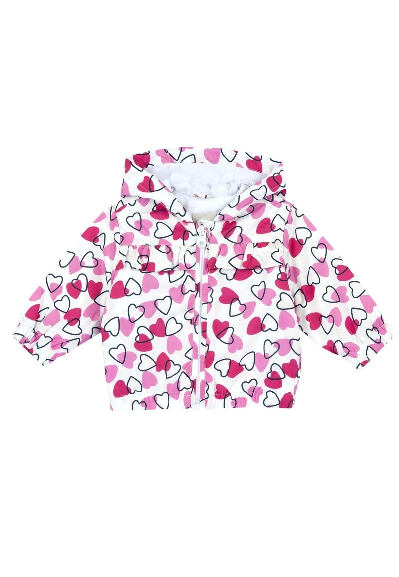 Giacca con cappuccio per bambini con sfondo bianco e motivi di cuori rosa e rossi, polsini elastici e zip frontale.