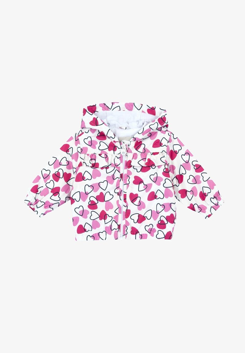 Giacca con cappuccio per bambini con sfondo bianco e motivi di cuori rosa e rossi, polsini elastici e zip frontale.