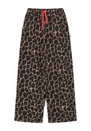 Pantalon large à imprimé léopard marron et noir avec ceinture élastique et cordon de serrage rouge.