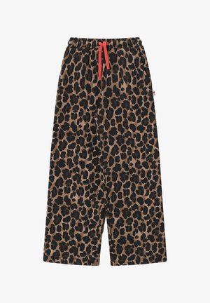 Pantalon large à imprimé léopard marron et noir avec ceinture élastique et cordon de serrage rouge.
