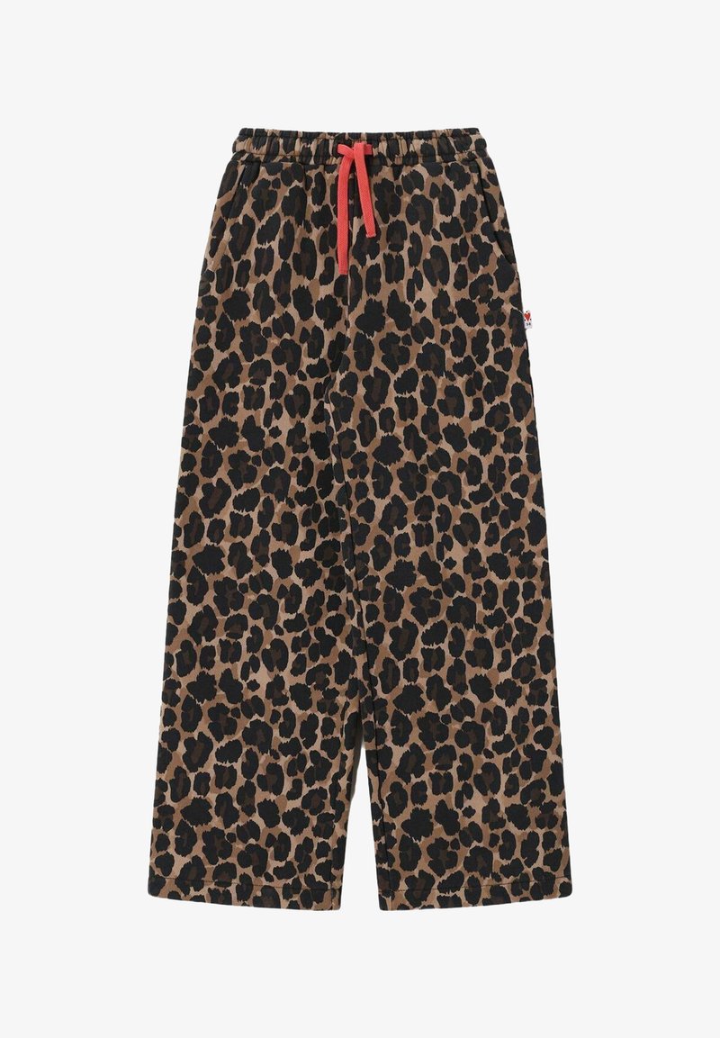 Pantalon large à imprimé léopard marron et noir avec ceinture élastique et cordon de serrage rouge.