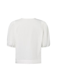 Weißes Kurzarmoberteil mit rundem Halsausschnitt und Puffärmeln. Hergestellt aus glattem Stoff, mit einem verkürzten Design und einfachem Saum.