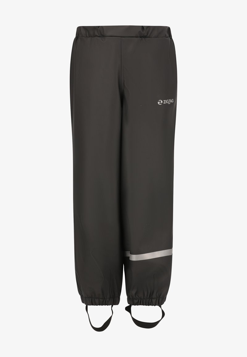 Svarta vattentäta byxor med elastiskt midjeband, justerbara muddar och en reflekterande rand. Tillverkade av ett mjukt, hållbart material.