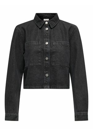 Veste en denim noir coupée, manches longues, deux poches poitrine et boutons-pression argentés à l'avant.
