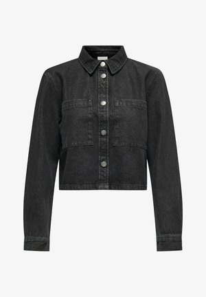 Zwarte crop denim jack met lange mouwen, twee borstzakken en zilveren drukknopen aan de voorkant.