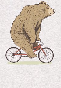 Braunbär fährt auf einem roten Fahrrad. Der Bär hat eine strukturierte, flauschige Erscheinung. Das Fahrrad hat dünne Reifen und eine sichtbare Klingel. Hellgrauer Hintergrund.