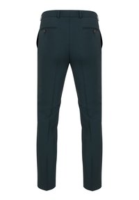 Ciemnozielone spodnie wykonane z teksturowanej tkaniny, z dwoma tylnymi kieszeniami z guzikami i dopasowanymi szwami. Slim-fit, prosta nogawka.