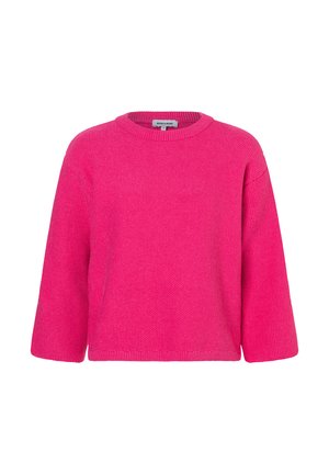 Pink knitted sweater with a round neckline, loose fit, and three-quarter length sleeves. Textured fabric and ribbed hem detail.