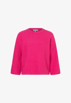 Pink knitted sweater with a round neckline, loose fit, and three-quarter length sleeves. Textured fabric and ribbed hem detail.