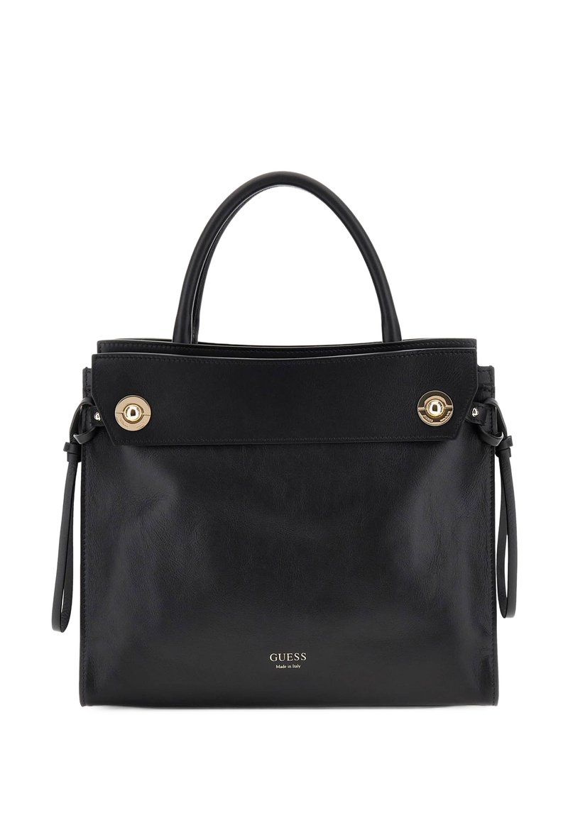 Čierna kožená taška cez rameno s hladkou textúrou, dvojitými hornými uchami, zlatými kovovými detailmi a logom značky vpredu. Odolný a priestranný dizajn.