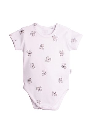 Biały body niemowlęce z krótkimi rękawkami, zatrzaskami u dołu oraz małymi szarymi ilustracjami misia koali trzymającego liście.