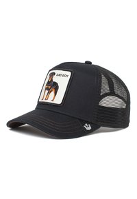 Black trucker cap featuring a mesh back, embroidered Rottweiler patch, and the words "BAD BOY" on the front. Curved brim with brown stitching.