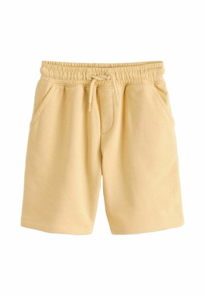 Beige cotton shorts with elastic waistband, drawstring tie, and front side pockets, displayed on a white background.
