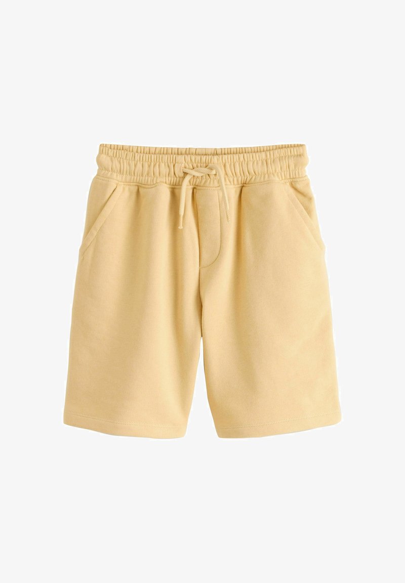 Shorts beige in cotone con vita elasticizzata, coulisse e tasche frontali laterali, mostrati su sfondo bianco.