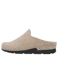 Beige felt clog with a rounded toe and black rubber outsole featuring textured tread. Slips on design with slightly raised back for stability.