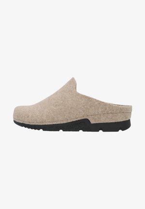 Beige felt clog with a rounded toe and black rubber outsole featuring textured tread. Slips on design with slightly raised back for stability.