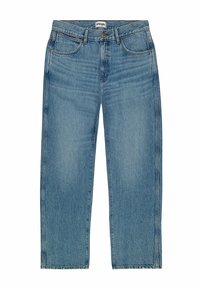 Jean en denim bleu clair avec une coupe droite, cinq poches, une taille standard et un léger dégradé avec des détails cousus.