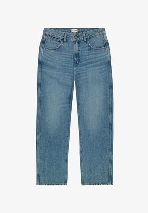 Jeans de ganga azul claro com um design de perna reta, cinco bolsos, uma cintura padrão e desbotamento subtil com detalhes cosidos.