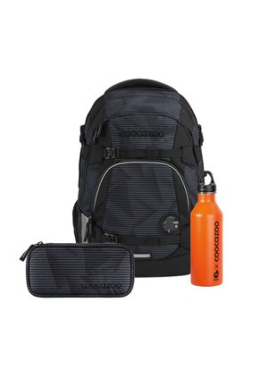 Black and blue striped backpack with adjustable straps, a matching pencil case, and a bright orange water bottle. Durable materials, practical design.