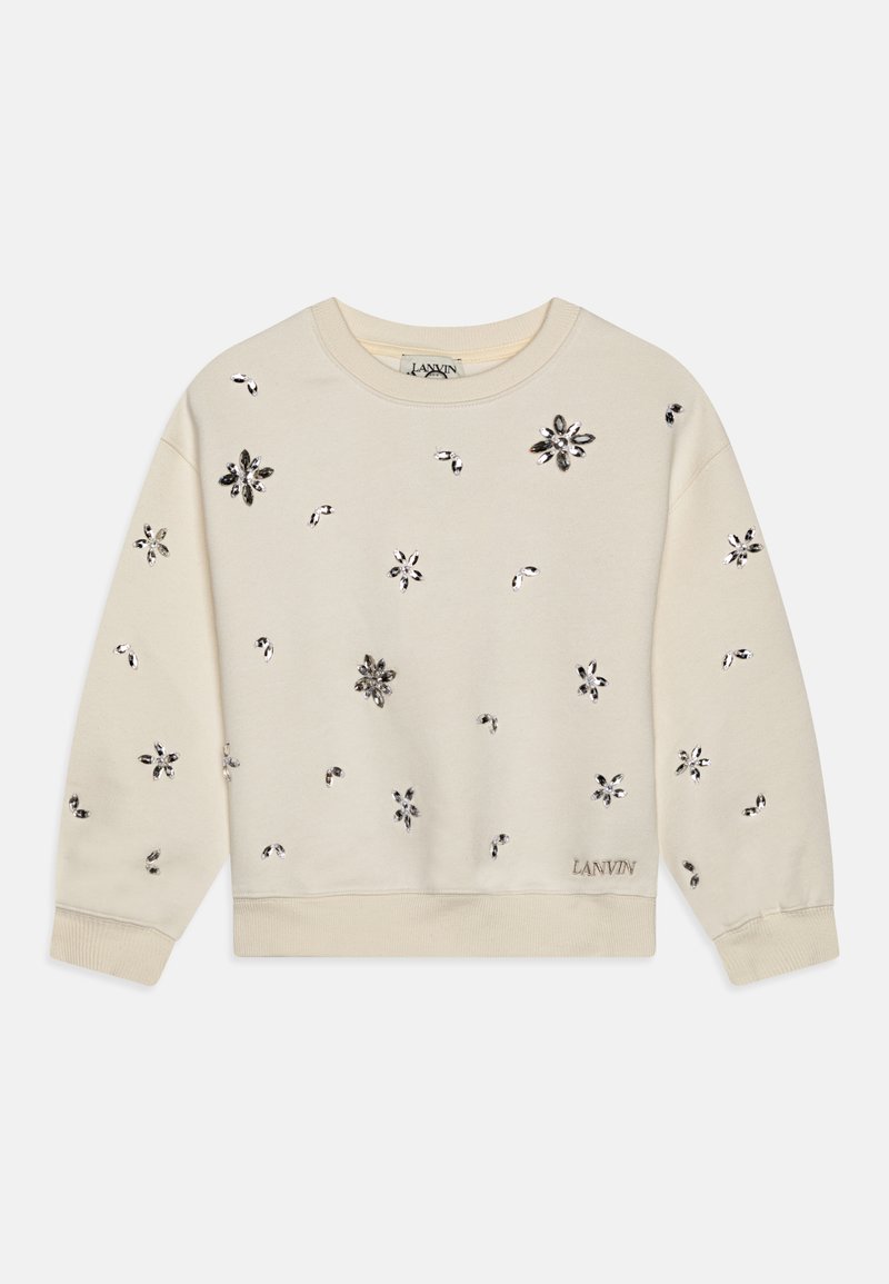 Μπεζ φούτερ με μακριά μανίκια, διακοσμημένο με μεταλλικά floral σχέδια, ριπ μανσέτες και στρίφωμα, με το "LANVIN" κεντημένο στο κάτω μέρος.