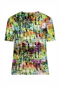 Short-sleeve T-shirt featuring a vibrant, abstract pattern in colors like green, orange, and purple. Made from lightweight, textured fabric.