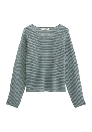 Maglione a maniche lunghe azzurro-grigio chiaro a maglia aperta con scollo rotondo e motivo a righe orizzontali.