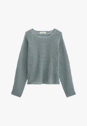 Hellblau-grauer, offen gestrickter Langarmpullover mit Rundhalsausschnitt und horizontalem Streifenmuster.