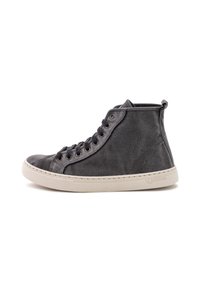Zapatillas altas de lona gris oscuro con diseño de cordones, suela de goma beige y un pequeño lazo en la parte trasera para facilitar su calzado.