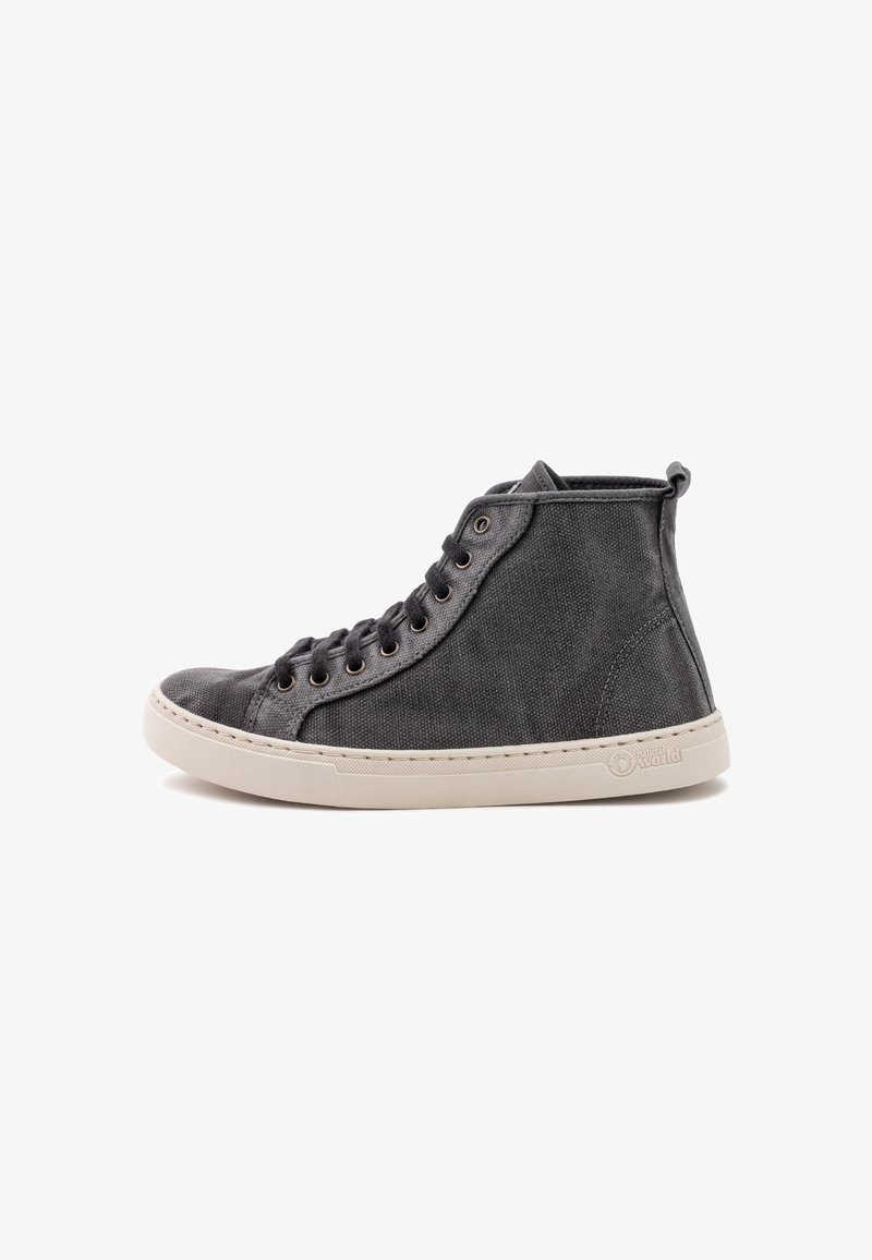 Zapatillas altas de lona gris oscuro con diseño de cordones, suela de goma beige y un pequeño lazo en la parte trasera para facilitar su calzado.