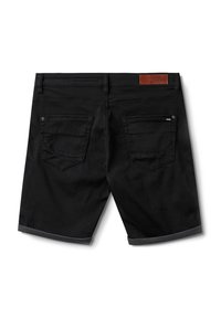 Melni džinsa šorti ar sarullētu apakšu, divām aizmugurējām kabatām un ādas etiķeti pie jostasvietas. Gluda tekstūra un piegulošs dizains.