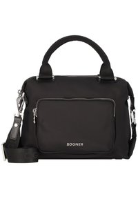 Borsa a tracolla nera in tessuto con manico testurizzato, accessori in argento, tasca frontale con zip e tracolla regolabile. Logo visibile sul davanti.