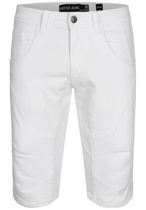 Weiße Denim-Shorts mit geradem Schnitt, ausgestattet mit genähten Paneeldetails, fünf Taschen und einem Knopfverschluss. Markenlogo sichtbar am Bund.