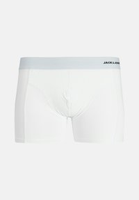 Weiße Boxershorts aus weichem Material mit einem hellgrauen elastischen Bund, der den Markennamen "JACK & JONES" in Schwarz trägt.
