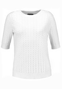 Valkoinen neulottu lyhythihainen villapaita, jossa on teksturoitu kaapelikuosi ja resorireunus. Materiaali näyttää pehmeältä ja kevyeltä.