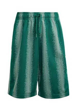 Zelené športové šortky s vertikálnymi pixelizovanými svetlosivými pruhmi a elastickým pásom so zeleným sťahovacím šnúrkou.