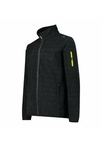 Schwarze Zip-Jacke aus strukturiertem Stoff, hoher Kragen, zwei seitliche Taschen und eine Brusttasche mit einem limegrünen Reißverschlussdetail.