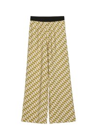 Mönstrade vida byxor i krämfärgad och olivgrön färg med vågm önster; har ett elastiskt svart midjeband och en lätt tyngd.