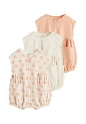 Three sleeveless ribbed baby rompers in peach, cream, and cream with sun patterns, each with front pockets and gathered hems.