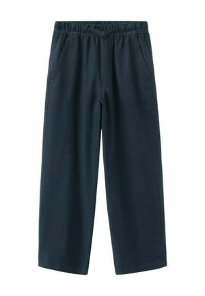 Pantalon bleu foncé à jambes larges avec taille élastique et poches avant, style décontracté, sans marque ni motif visible.