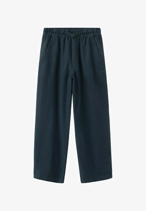 Dark blue wide-leg pants with elastic waistband and front pockets, casual style, no visible branding or patterns.