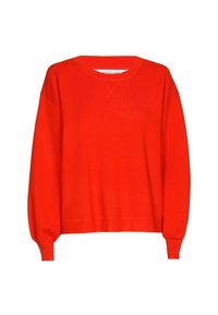 Roter Strickpullover mit Rundhalsausschnitt, abfallenden Schultern und langen Ärmeln. Verfügt über eine gerippte Textur und einen geraden Saum an der Taille.