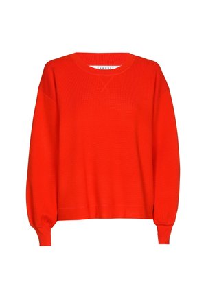 Roter Strickpullover mit Rundhalsausschnitt, abfallenden Schultern und langen Ärmeln. Verfügt über eine gerippte Textur und einen geraden Saum an der Taille.