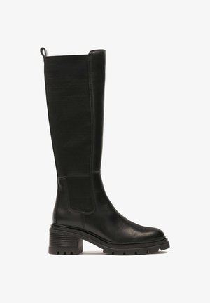 Polvihn black leather boots with a textured fabric panel, block heel, rounded toe, and a small pull tab at the top.
