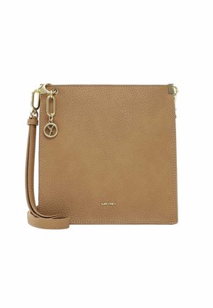 Tan square leather crossbody bag with pebbled texture, gold hardware, wrist strap, and small metal logo on front.