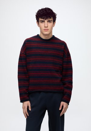 Ung mand med krøllet mørkt hår, iført en rød og sort stribet langærmet sweater og mørke bukser, der vender front mod en ensfarvet baggrund.