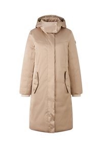 Beige, wasserabweisende Jacke mit Kapuze, ausgestattet mit einem Reißverschluss, zwei seitlichen Taschen und gerippten Akzenten an den Bündchen. Glattes, isoliertes Material.