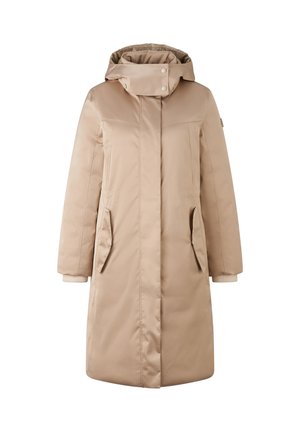 Beige, wasserabweisende Jacke mit Kapuze, ausgestattet mit einem Reißverschluss, zwei seitlichen Taschen und gerippten Akzenten an den Bündchen. Glattes, isoliertes Material.