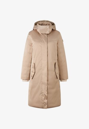 Beige, water-resistant jacket with a hood, featuring a zip front, two side pockets, and ribbed cuff accents. Smooth, insulated material.