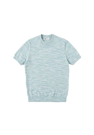 Helehall sinine lühikeste varrukatega kootud kampsun ümmarguse kaelusega, soonikkääriste ja varrukaotsadega, esitatud tasapinnal valgel taustal.