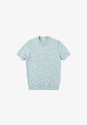 Helehall sinine lühikeste varrukatega kootud kampsun ümmarguse kaelusega, soonikkääriste ja varrukaotsadega, esitatud tasapinnal valgel taustal.